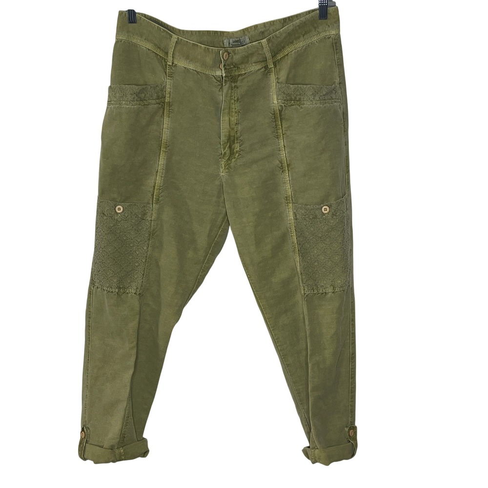 Sundance Green Lace Trim Cargo Pants Womens 14 Tapered Leg Linen Blend Utility